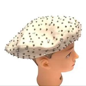Adolfo II Cream Wool Rhinestone and Studded Hat Womans Hat Vintage Adolfo II Wool Hat: 80s Rhinestone  main image 3